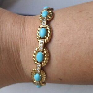 Vintage Elizabeth Taylor Gold Plated Faux Turquoise CZ Crystal Tennis Bracelet